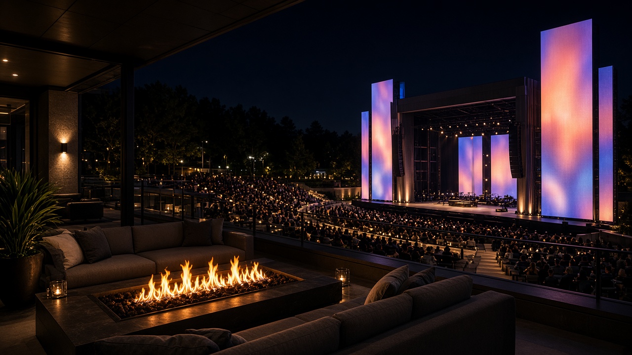 View from a Fire Pit Suite looking toward the tall LED screens on the right side of the stage